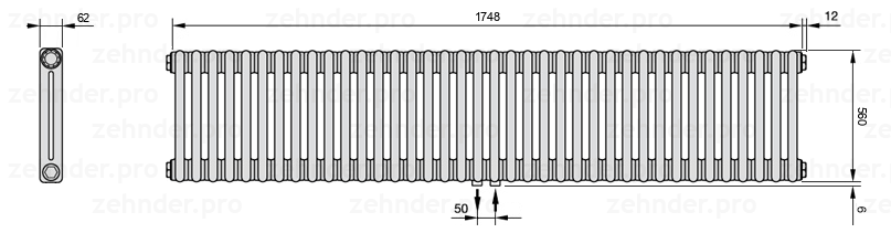 Схема (чертеж) Радиатор Zehnder Charleston 2056/38 №5410 Белый глянцевый RAL 9016